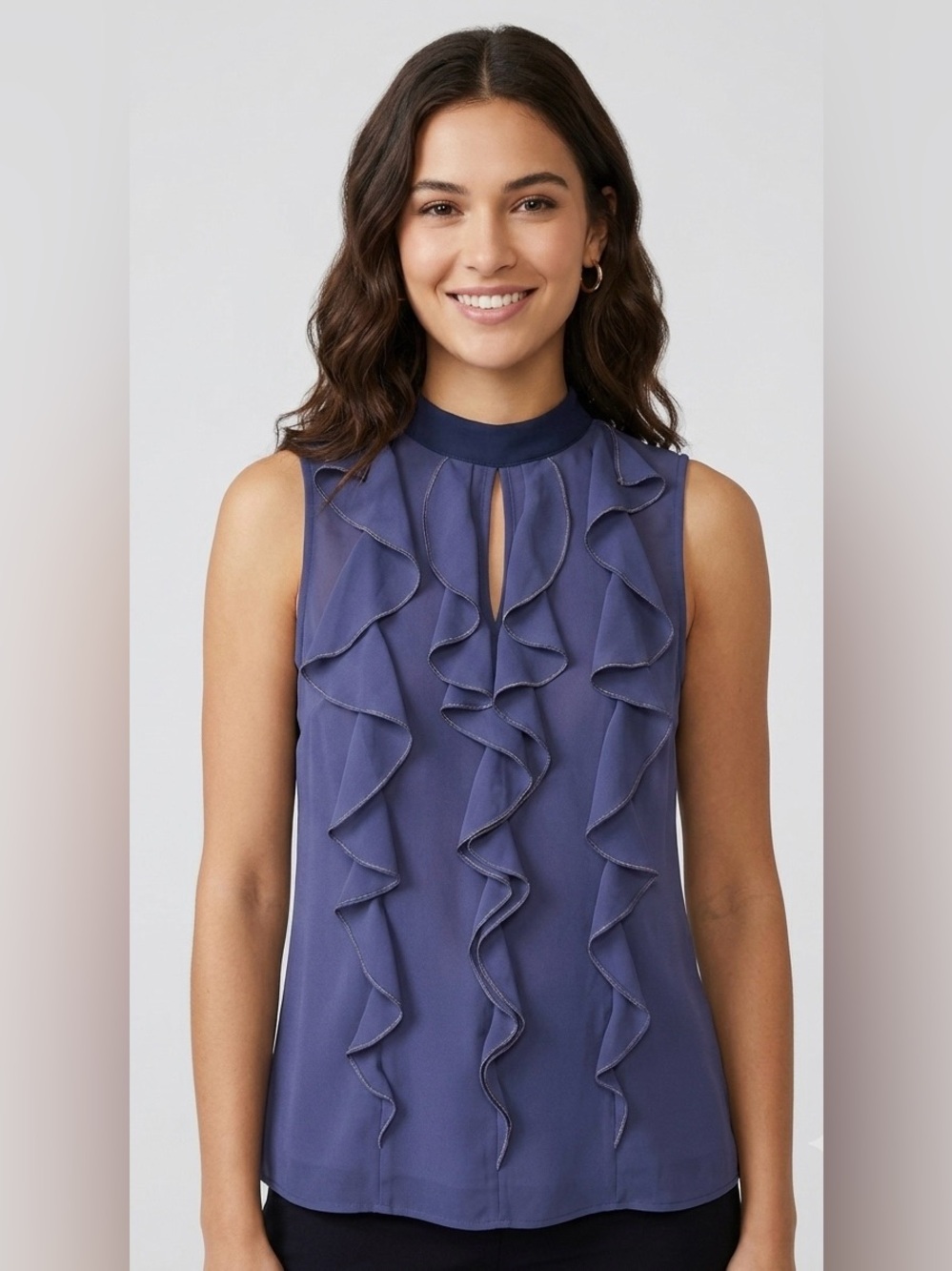 Parker Blue 100% silk  Ruffle front Sleeveless Mock Neck Top